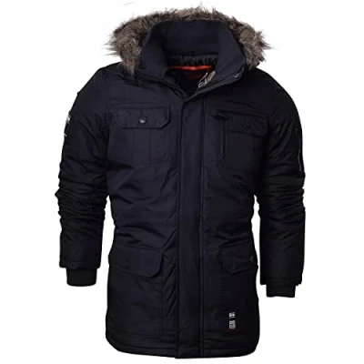 Image of Crosshatch Mens Heavy Weight Fur Hood &#039;Parked&#039; Parka Padded Waterproof Winter Coat Jacket Small Solid Black