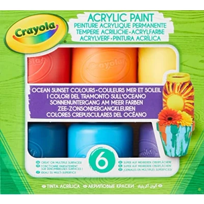 Image of CRAYOLA 6 Acrylic Tempera Paints, Sunset Colours in Resealable Jars Ready to Use for School and Leisure /