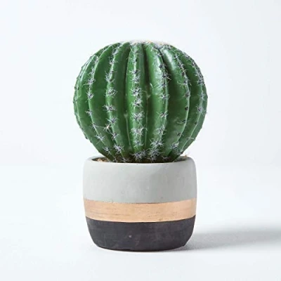 Image of HOMESCAPES Lifelike Artificial &#039;Echinocactus&#039; In Cream, Black &amp; Gold Decorative Stone Pot Faux Succulent Decoration For Home Or Office, Measures 19cm Tall