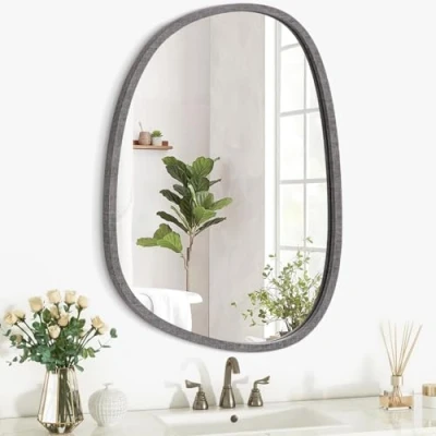 Image of Wall Mirror Irregular Wood Frame Modern Asymmetrical Unique Shape Vanity Artistic Oval Decor for Bedroom Bathroom Living Room Entryway Hallway Large
