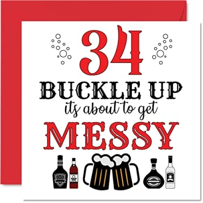 Image of Fun 34th Birthday Cards for Men Woman Buckle Up Happy Card Dad Mum Son Daughter Brother Sister Uncle Auntie Cousin, 145mm x Greeting Cards, Joke