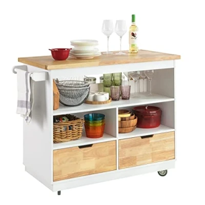 Image of SoBuy FKW107 WN, Kitchen Cabinet Cupboard Sideboard Island Storage Trolley with Rubber Wood Worktop