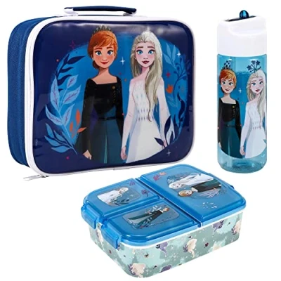 Image of Zawadi Global Frozen Kids Childrens Lunch Box Set Insulated Bag, Multicompartment &amp; 540ml Water Bottle School Travel Food Set, BPA Free