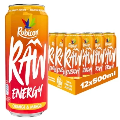 Image of Rubicon RAW 12 Pack Orange &amp; Mango 500ml Energy Drink, 20% Real Fruit Juice, High caffeine with B Vitamins, Ginseng Guarana, No Artificial Colours or Flavours, Reduce Tiredness Boost
