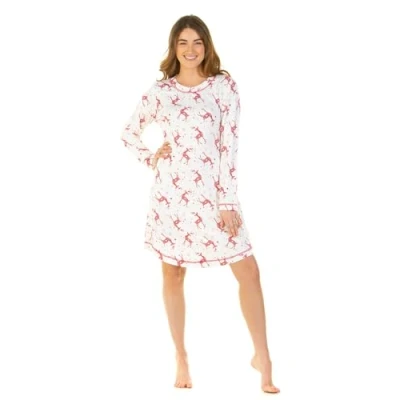 Image of Undercover Ladies &#039;Festive Prints&#039; Long Sleeve Nightie 27259 Ivory Reindeers Medium