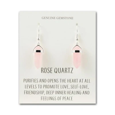 Image of Philip Jones Rose Quartz Gemstone Drop Earrings with Quote Card