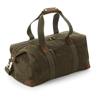 Image of Quadra Heritage Leather Accented Waxed Canvas Holdall (One Size) (Olive Green)