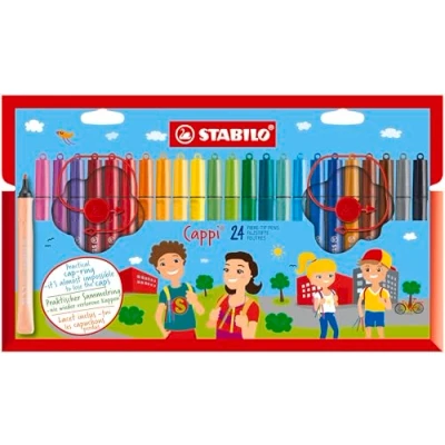 Image of Fibre Tip Pen with Cap Ring STABILO Cappi Pack of 24 Assorted Colours + 2 Rings