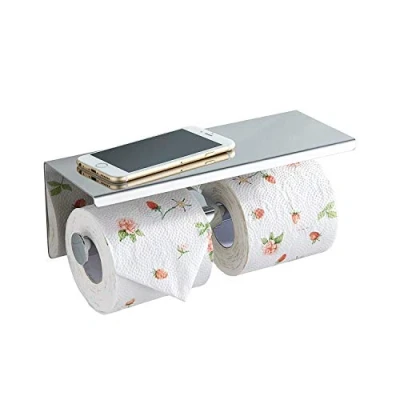 Image of BGL Toilet Paper Holder Stainless Steel Roll with Shelf Wall Mounted for Bathroom (Silver, Double Head)