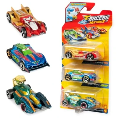 Image of T Racers Mix &#039;N RACE 3 Pack of toy collectible cars. Each car can be split in two with interchangeable parts and wheels. 12
