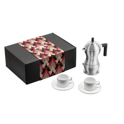 Image of Alessi Coffee MDL02BSET, Set Consisting of Pulcina Maker, 2 Cups with Saucers, in Cast Aluminum, PA and Porcelain, Multicolored