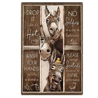 Image of AZOLID Funny Tin Sign Donkey Bathroom Rules Wall Art Metal Poster for Home Bar Cafe Garage 30x43CM