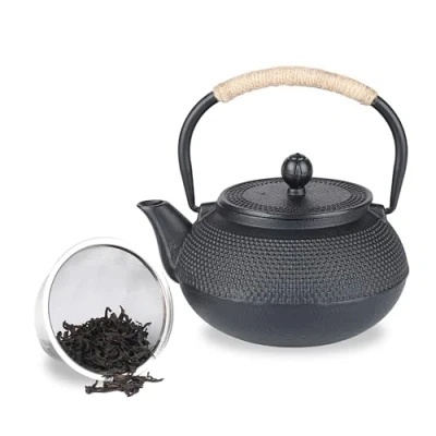 Image of Spring Chef Stovetop Cast Iron Teapot with Stainless Steel Infuser, Black Traditional Japanese Tetsubin Tea Kettle, Removable Infuser Pot Handmade 900ml/30.43oz