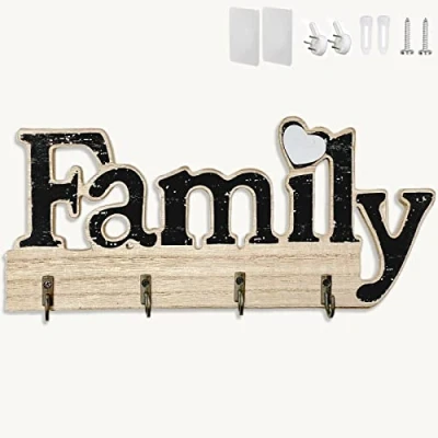 Image of Echehi Wooden Home Decoration Key Holder, Self Adhesive or Drilling 3 Ways Installation Rack, Hooks Wall Mounted, Holder for The Home(Black)