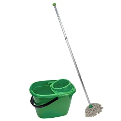 Image of Abbey Professional Mop and Bucket Set Heavy Duty with Wringer Two Traditional Cotton Heads for Cleaning Floors Strong Aluminum Handles Capacity 12L Pouring Lip (Green)