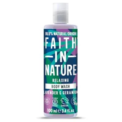 Image of Faith In Nature 100ml Travel Size Lavender and Geranium Body Wash, Relaxing Shower Gel, Vegan Cruelty Free, No SLS or Parabens