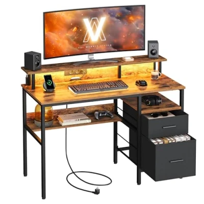 Image of VASAGLE Gaming Desk with LED Lights and Built In Power Outlets, Computer Monitor Shelf, Corner Desk, 2 Fabric Drawers, USB Ports, for Home Office, Rustic Brown LWD093K02