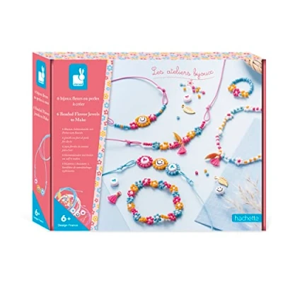 Image of Janod J07998 Set of 6 Make Your Own Flower Jewellery Pieces Out Seed Beads Les Ateliers Bijoux Children’s Craft Kit Fine Motor Skills &amp; Creativity Years and up J07998, Multicolor