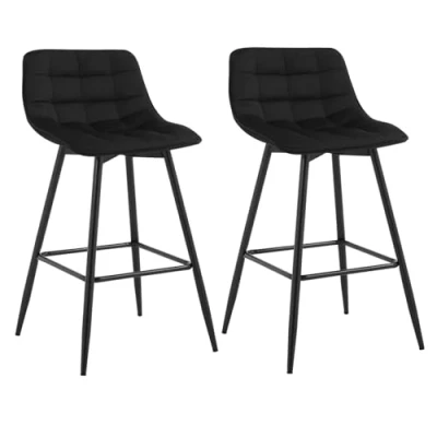 Image of WOLTU Bar Stools Set of 2 PCS Soft Velvet Seat Chairs Breakfast Kitchen Counter Metal Legs Barstools Black High with Backrests &amp; Footrests