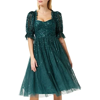 Image of Maya Deluxe Women&#039;s Ladies Dress Midi Sequin Embellished Frilly Sweetheart Neckline Puffed Sleeves for Wedding Guest Prom Evening, Emerald Green, 18