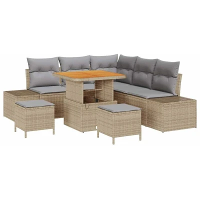 Image of vidaXL 8 Piece Garden Sofa Set with Cushions Beige Poly Rattan Acacia