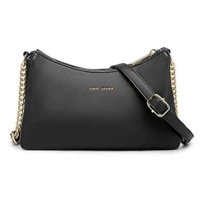 Image of David Jones Women&#039;s Small Chain Crossbody Bag Ladies PU Leather Shoulder Multiple Compartments 3 Pockets Handbag Clutch City Evening Phone Black