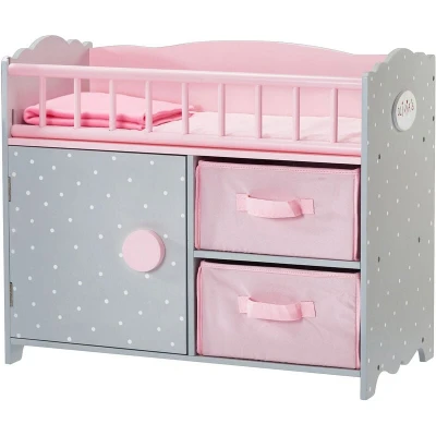 Image of Olivia&#039;s Little World Pink Polka Dot Baby Doll Crib Wooden Cot With Storage Furniture UK TD 12390A