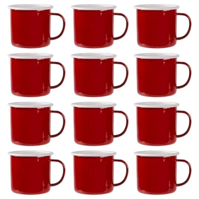 Image of Argon Tableware Coloured Enamel Mugs Metal Outdoor Camping Tea Coffee Hot Drinks Cups Set 375ml Red Pack of 12