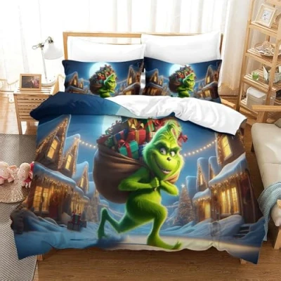Image of SUFFERBOW Grinch Comforter Covers 3D Printed Christmas for Boys Girls Duvet Cover Quilt Bedding Set with Zipper Closure Pillow Cases Soft Microfiber 3 Pieces Double（200x200cm）