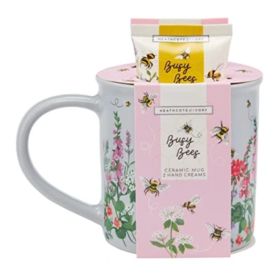 Image of Heathcote &amp; Ivory Busy Bees Giftable Mug Set 2x50ml Hand Cream and Ceramic , Keep Hands Soft Scented Cruelty Free Vegan Friendly Travel Sizes