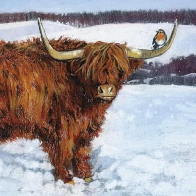 Image of GBCC Charity Christmas Cards Pack of 8 with a Highland Cow and Robin Design Eco Friendly Xmas Multipack Envelopes