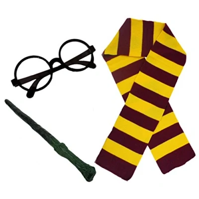 Image of WIZARD SET FANCY DRESS COSTUME ACCESSORY MAROON &amp; GOLD SCARF + PLASTIC BRANCH LOOK WAND GLASSES