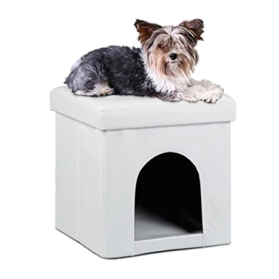 Image of Dog House Ottoman, 38 x cm, Seat Box with Practical Hole for Pets, Faux Leather, Removable Lid, White