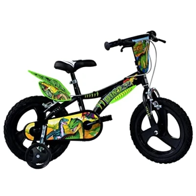 Image of Child Bicycle Boy Dinosuari 16 Inch Brakes on Handlebar Removable Wheels Black Green
