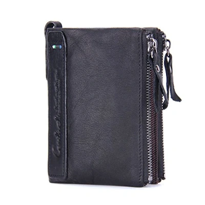 Image of Contacts Mens Genuine Leather Bifold Double Zipper Coin Pocket Purse Wallet Black(Size: one size)