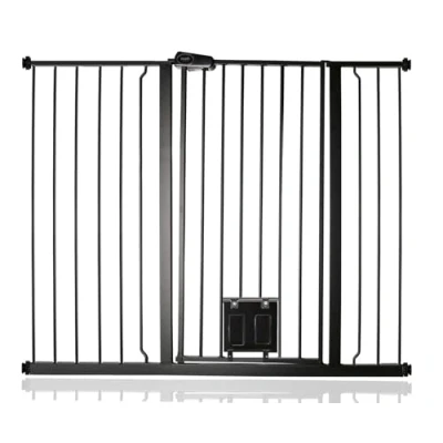 Image of Bettacare Pet Gate with Lockable Cat Flap, 120.3cm 127.9cm, Black, 104cm in Height, Extra Tall Dog Safety Barrier Easy Installation