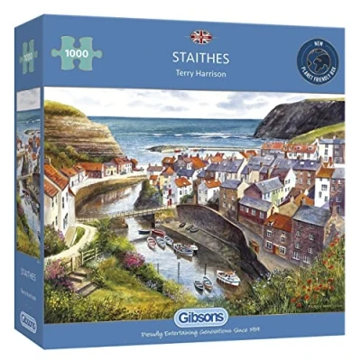 Image of Staithes 1000 Piece Jigsaw Puzzle Yorkshire Countryside Village Sustainable for Adults Premium 100% Recycled Board Great Gift Gibsons Games