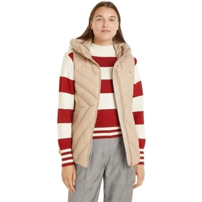 Image of Tommy Hilfiger Women&#039;s Chevron Quilted Gilet with Hood, Beige (Beige), S