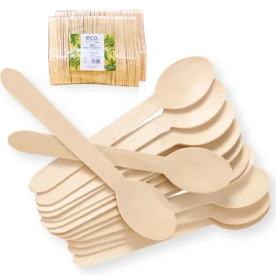 Image of Clearly 100 Wooden Disposable Spoons, Eco Friendly Biodegradable Compostable 16.5cm Cutlery Ideal for Picnic, Party, BBQ, Restaurant, Home Daily Use