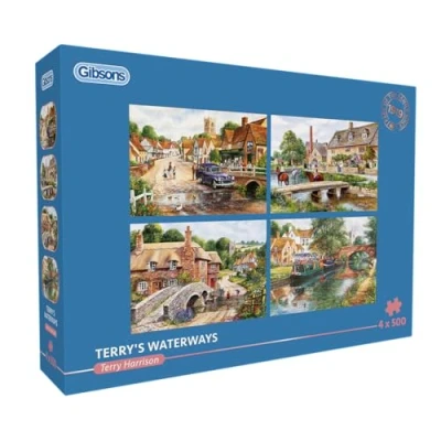 Image of Gibsons Terry&#039;s Waterways 4 x 500 Piece Jigsaw Puzzle Multi Box Set of Nostalgic Puzzles Sustainable for Adults Teens Premium 100% Recycled Board Great Gift Games