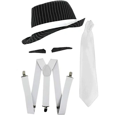 Image of 1920S MOB GANGSTER FANCY DRESS ACCESSORY SET. BLACK PINSTRIPE TRILBY HAT + WHITE BRACES TIE SPIV TASH. COLOUR: SIZE: ONE SIZE