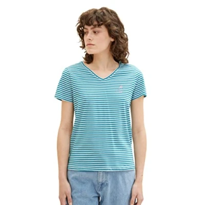 Image of TOM TAILOR Women&#039;s 1036889 T Shirt with Embroidery, 32150 Petrol Thin Stripe, XS