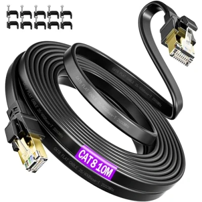Image of Ethernet Cable 10m, 40Gbps 2000MHz Cat 8 Internet 10m Flat High Speed Shielded RJ45 Gigabit LAN Network Long Patch Black for Xbox Modem Router