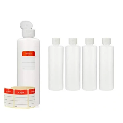 Image of Octopus 5 x 250 ml plastic bottles, HDPE bottles with white flip top cap, empty hinged round incl. labels