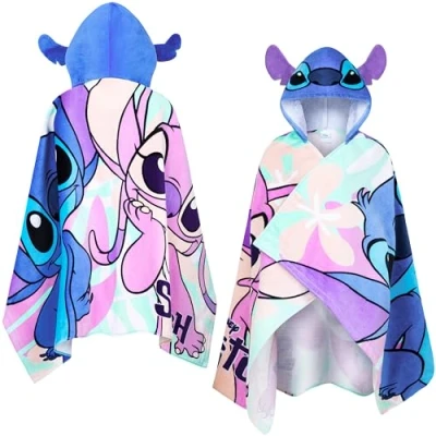 Image of Disney Stitch Hooded Towel for Kids, Absorbent Bath with Hood the Pool, Beach Holiday Essentials (Blue/Multi, 6 14 Years)