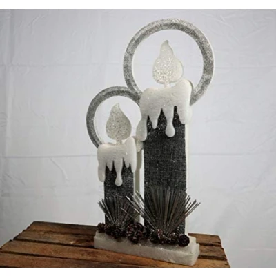 Image of SHATCHI 41Cm Christmas Pre Lit Twin Candles Battery Operated Glitter Foam Snow Covered Finish Table Decoration Grey