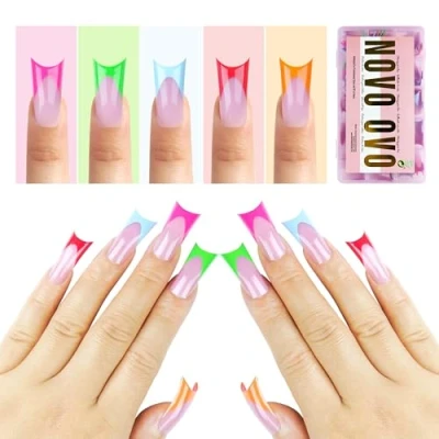 Image of NOVO OVO French Tip Duck Feet Nail Tips 5 Mix Color Full Cover for Press on Acrylic with Moon Curve, Need Top Coat and Builder Gel, Thick Medim Soft Gel Fake False Extension X 15 Sizes 150 Pcs