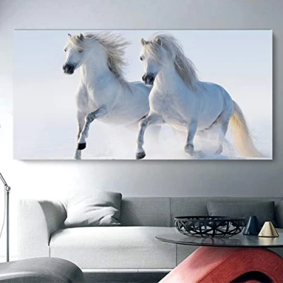 Image of N / A Canvas decorative Prints Animal Painting of Two Running White Horses Wall Art Posters and for Living Room Home Decor 24x32inch