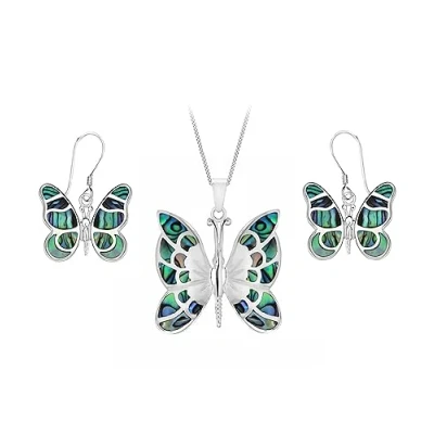 Image of Tuscany Silver Women&#039;s Sterling Set of Paua Shell Butterfly Earrings and Pendant on Curb Chain 46cm/18&quot;