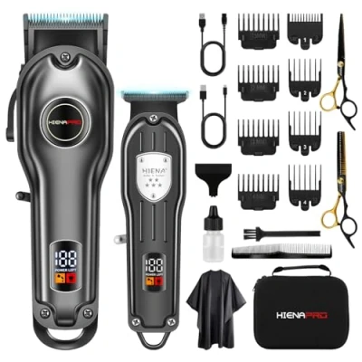 Image of HIENA PRO Professional Hair Clippers Set for Men, Cordless Barber Clipper Trimmer Set, Cutting Machine Kit, Rechargeable Barbers with LED Display (Black)